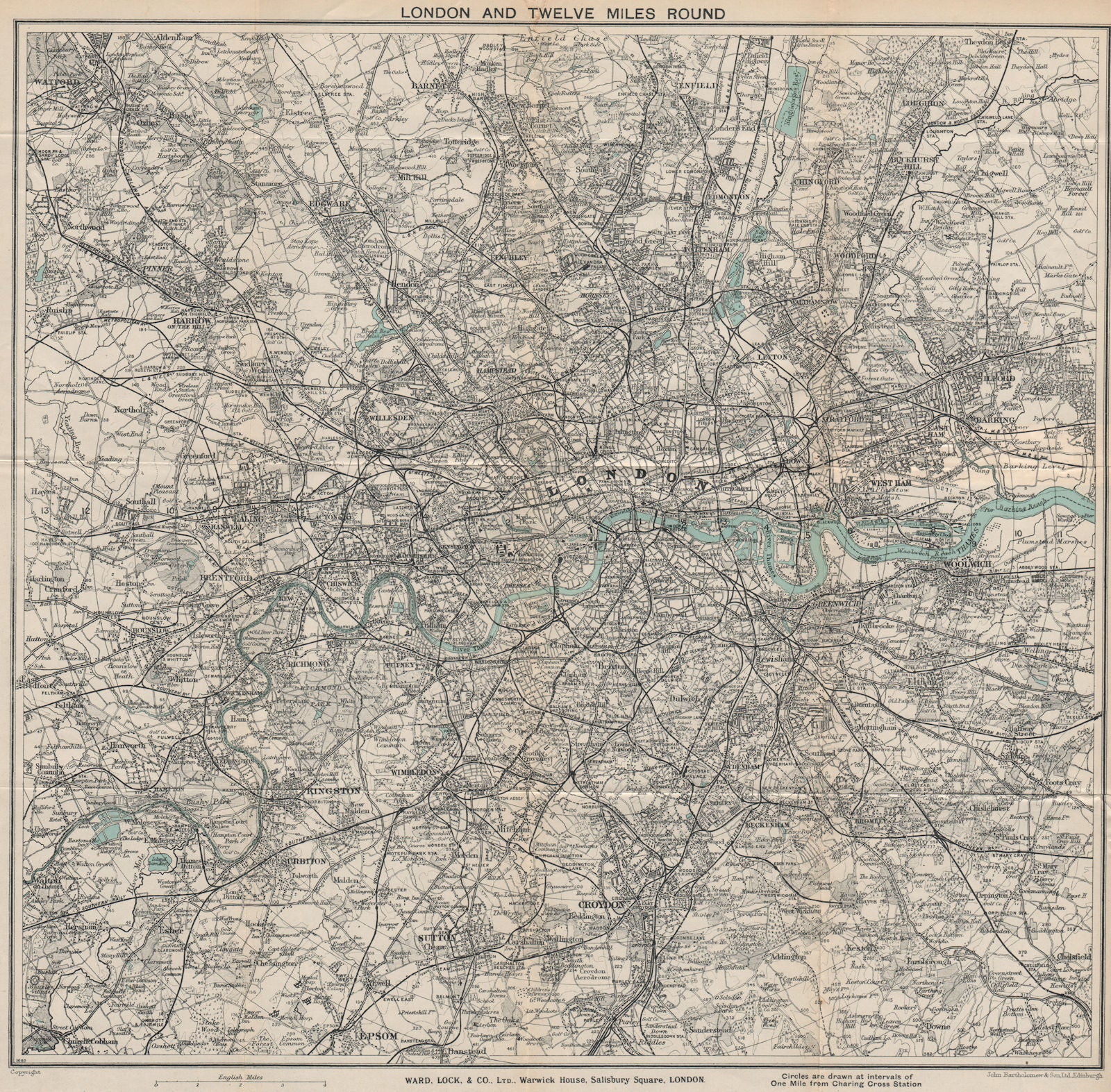 'LONDON AND TWELVE MILES ROUND'. Greater London. WARD LOCK 1930 old map